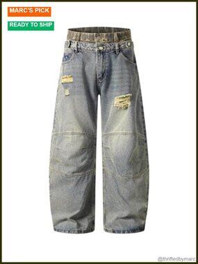 Wide Leg Double Waist Baggy Denim Jeans Streetwear Retro Washed